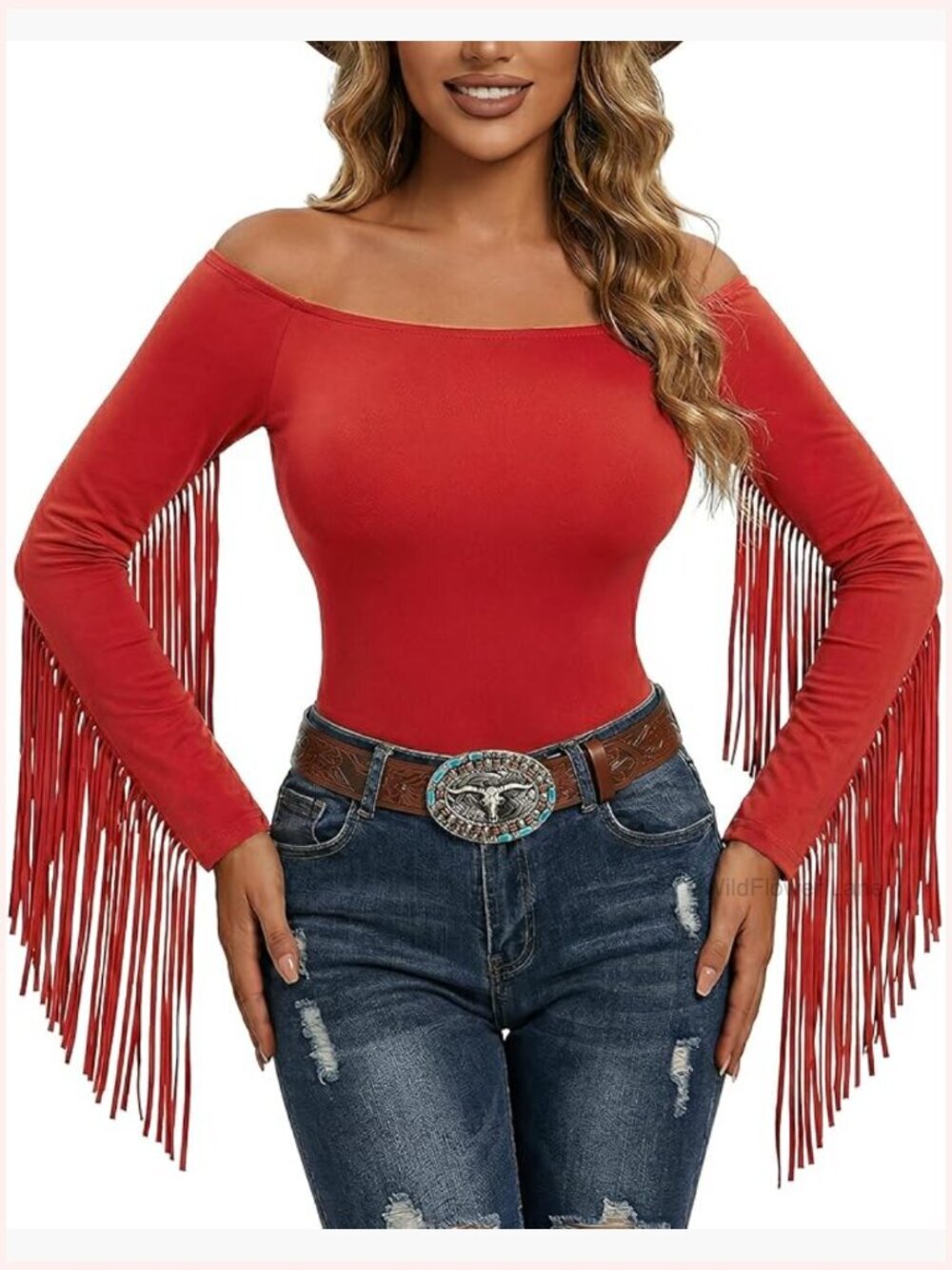 Fringe Tops for Women Cowgirl Western Off The Shoulder Stretchy Long Sleeve